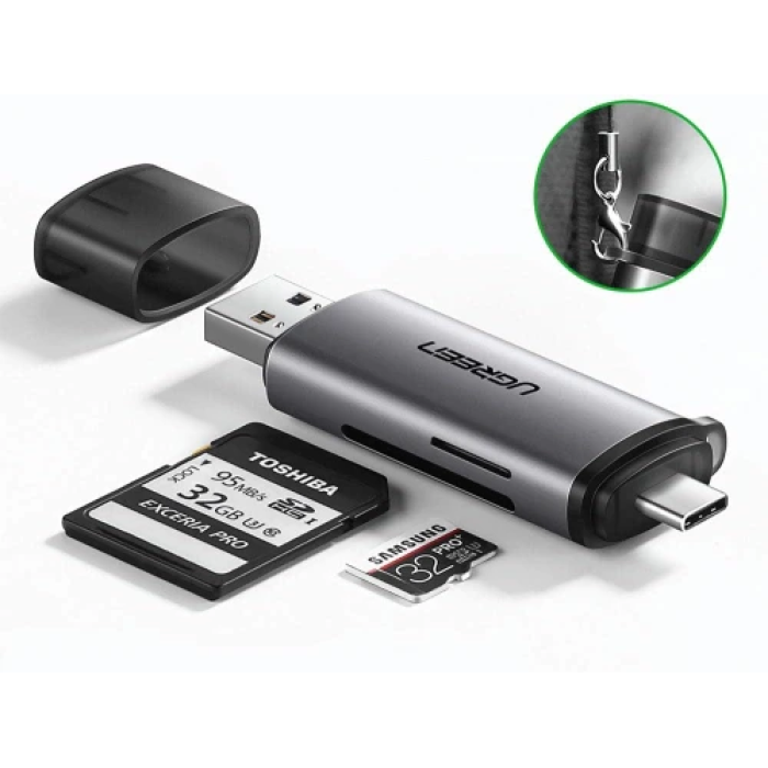 Кардридер USB Ugreen CM185, Grey, Type-C / USB 3.0 - microSD / SD (50706)