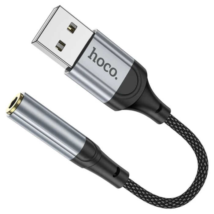 Кабель-перехідник звуковий, USB (M) - 3.5 мм (F), 12 см, Black, Hoco LS36 "Fresh", DAC чіп
