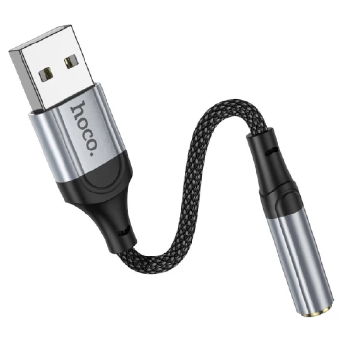 Кабель-перехідник звуковий, USB (M) - 3.5 мм (F), 12 см, Black, Hoco LS36 "Fresh", DAC чіп