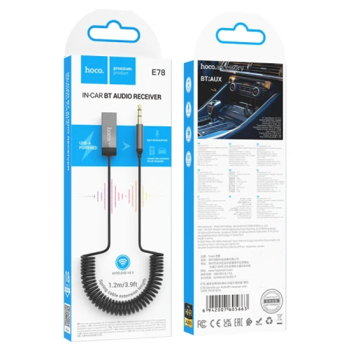 Аудіо ресивер Hoco E78 "Benefit", Space Grey, USB, 3.5 мм (AUX), Bluetooth 5.3, з мікрофоном, 1.2 м