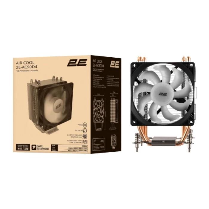 Кулер для процесора 2E Gaming Air Cool AC90D4, алюміній та мідні теплові трубки, 1x90 мм PWM, для Intel 115x/1200/1700, AMD AMx/FMx, до 130 Вт (2E-AC90D4)