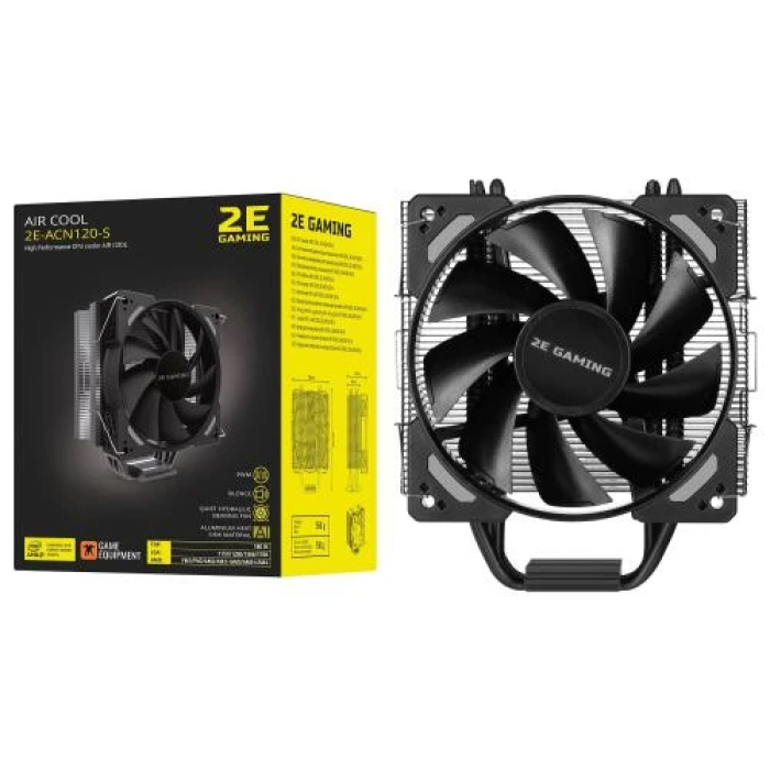 Кулер для процесора 2E Gaming Air Cool ACN120-S, алюміній та мідні теплові трубки, 1x120 мм PWM, для Intel 115x/1200/1700/1366, AMD AMx/FMx, до 180 Вт (2E-ACN120-S)