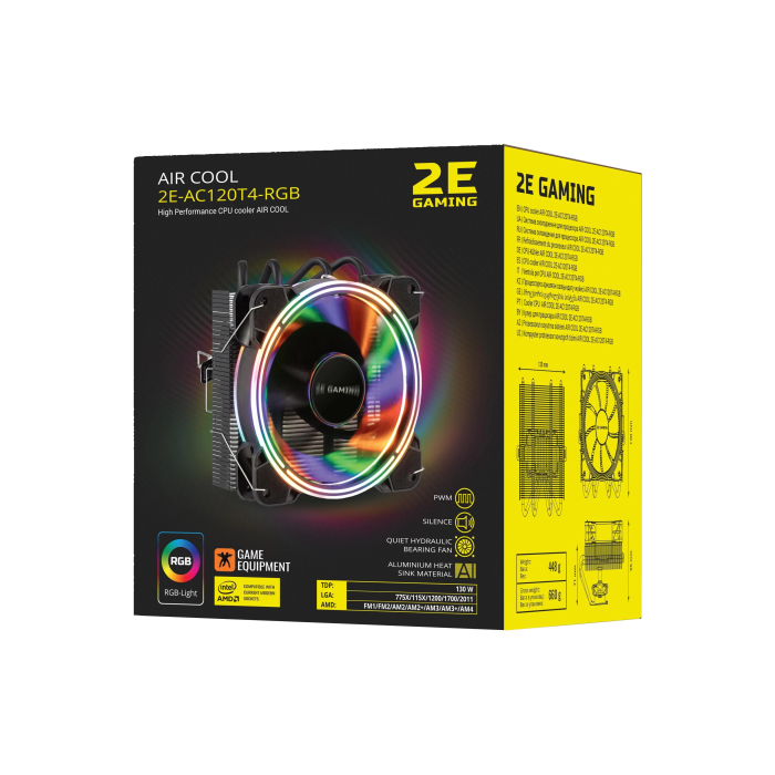 Кулер для процесора 2E Gaming Air Cool AC120T4 ARGB, Black, алюміній, мідні теплові трубки, 1x120 мм ARGB, для Intel 1700/1366/1200/115x, AMD AM5/AM4, до 130 Вт (2E-AC120T4-ARGB)