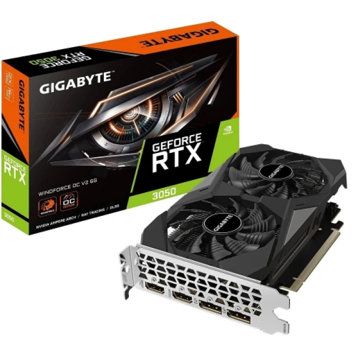 Відеокарта GeForce RTX 3050, Gigabyte, WINDFORCE OC V2, 6Gb GDDR6, 96-bit, 2xHDMI/2xDP, 1477/14000 MHz (GV-N3050WF2OCV2-6GD)