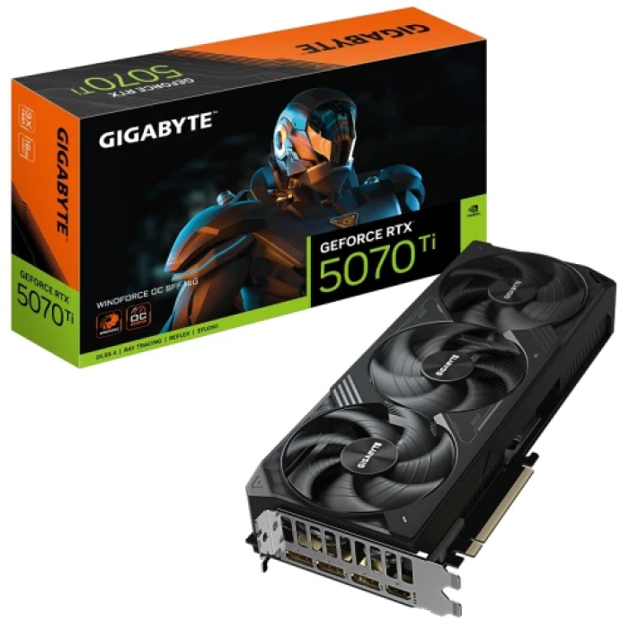 Відеокарта GeForce RTX 5070 Ti, Gigabyte, WINDFORCE OC SFF, 16Gb GDDR7, 256-bit, HDMI/3xDP, 2497/28000 MHz, 16-pin (GV-N507TWF3OC-16GD)