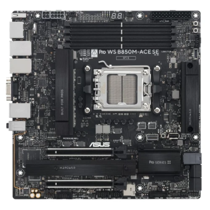 Материнська плата AM5 Asus Pro WS B850M-ACE SE, B850, 4xDDR5, Int.Video (CPU), 4xSATA3, 2xM.2, 1xU.2, 1xPCI-E 5.0 x16, 1xPCI-E 4.0 x16, Realtek 7.1, Realtek 10Gb / Intel 2.5Gb / Realtek 1Gb, 7xUSB 3.2 / 5xUSB 2.0, VGA/HDMI/DP/Type-C, MicroATX
