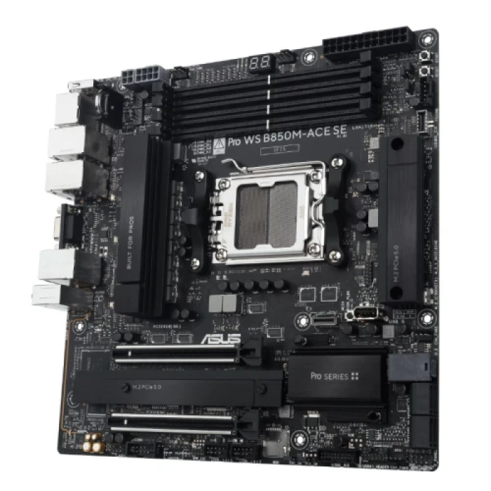 Материнська плата AM5 Asus Pro WS B850M-ACE SE, B850, 4xDDR5, Int.Video (CPU), 4xSATA3, 2xM.2, 1xU.2, 1xPCI-E 5.0 x16, 1xPCI-E 4.0 x16, Realtek 7.1, Realtek 10Gb / Intel 2.5Gb / Realtek 1Gb, 7xUSB 3.2 / 5xUSB 2.0, VGA/HDMI/DP/Type-C, MicroATX