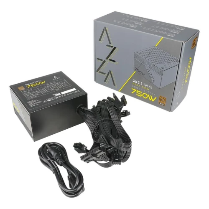 Блок живлення 750 Вт, AZZA, Black, 80+ Bronze, 12 см, 2xMolex / 6xSATA / 1x16-pin / 3x6+2-pin / 1x20+4-pin / 2x4+4-pin, захист OCP/OVP/OPP/SCP/OTP/UVP, ATX 3.1 (PSAZ-750W(ATX3.1))