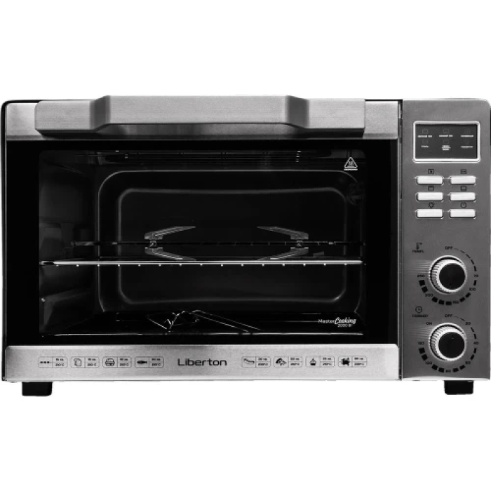 Електродуховка Liberton LEO-501E Inox, 2000W, 50л, 70-250 °C, 3 режими приготування, конвекція, підсвічування, гриль, деко, тримач для деки та рожна, піддон для жиру, рожен