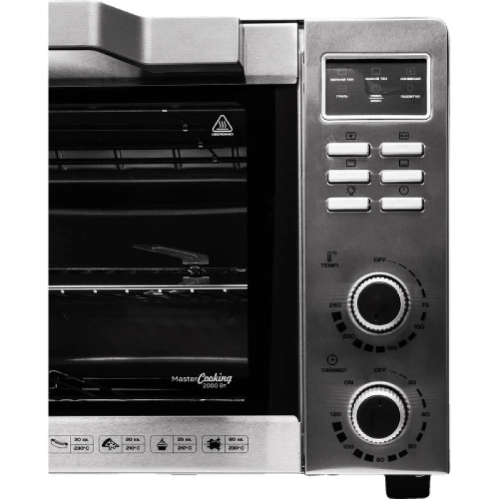 Електродуховка Liberton LEO-501E Inox, 2000W, 50л, 70-250 °C, 3 режими приготування, конвекція, підсвічування, гриль, деко, тримач для деки та рожна, піддон для жиру, рожен