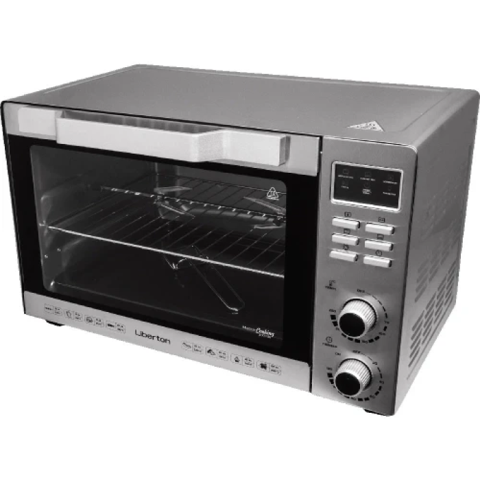 Електродуховка Liberton LEO-501E Inox, 2000W, 50л, 70-250 °C, 3 режими приготування, конвекція, підсвічування, гриль, деко, тримач для деки та рожна, піддон для жиру, рожен