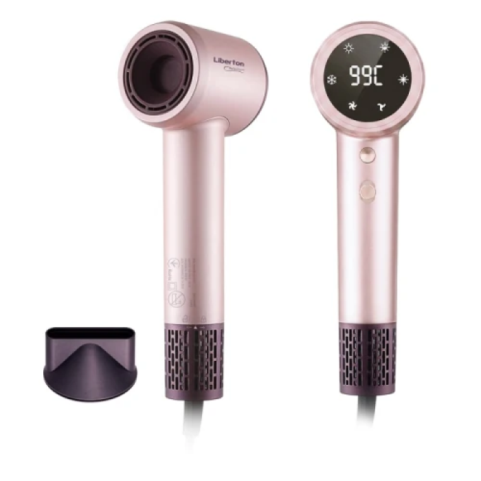Фен Liberton LHD-6107, Pink, 1600W, 2 швидкості, 4 температурні режими, концентратор, функція самоочищення, Full LED дисплей, магнітна насадка, захист від перегріву (LHD-6107)
