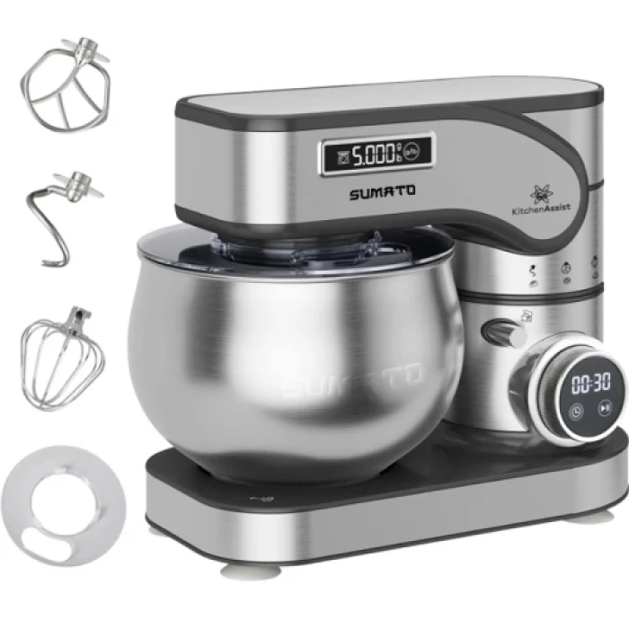 Планетарний міксер Sumato SU-02SM01, Steel, 2000W, 12 режимів швидкості, чаша 5 л з нерж. сталі, LED-індикатор, механічне управління, гак для тесту, збивач, віночок, бризкозахисна накладка чаші