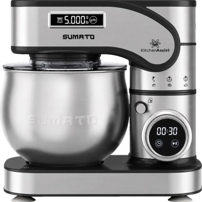 Планетарний міксер Sumato SU-02SM01, Steel, 2000W, 12 режимів швидкості, чаша 5 л з нерж. сталі, LED-індикатор, механічне управління, гак для тесту, збивач, віночок, бризкозахисна накладка чаші