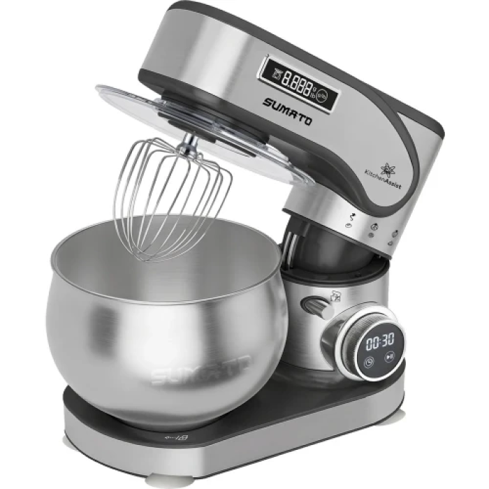 Планетарний міксер Sumato SU-02SM01, Steel, 2000W, 12 режимів швидкості, чаша 5 л з нерж. сталі, LED-індикатор, механічне управління, гак для тесту, збивач, віночок, бризкозахисна накладка чаші