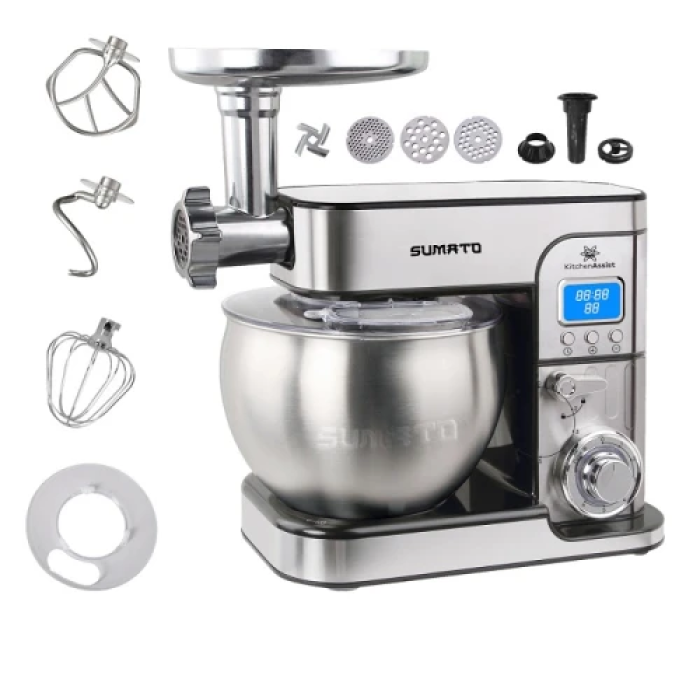 Планетарний міксер Sumato SU-02SM02, Steel, 2000W, 6 режимів швидкості, чаша 6 л з нерж. сталі, LED-індикатор, механічне керування, таймер, режим пульс