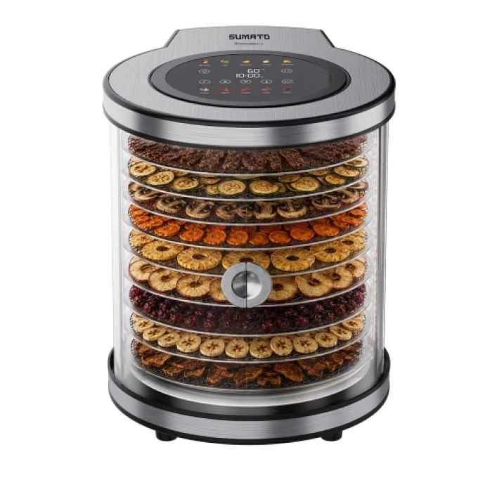 Сушарка для овочів та фруктів Sumato SU-04FD02, Inox, 850W, сенсорне керування, 10 ярусів, об'єм 18л, таймер, температурний контроль 35-75 °C