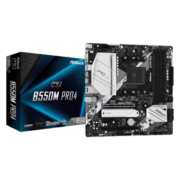 Мат.плата AM4 (B550) ASRock B550M Pro4, B550, 4xDDR4, CrossFire, Int.Video(CPU), 6xSATA3, 2xM.2, 1xPCI-E 16x 4.0, 1xPCI-E 16x 3.0, 1xPCI-E 1x 3.0, 1xM.2 (Key E), ALC1200, RTL8111H, 7xUSB3.2/6xUSB2.0, VGA/HDMI/DP, MicroATX