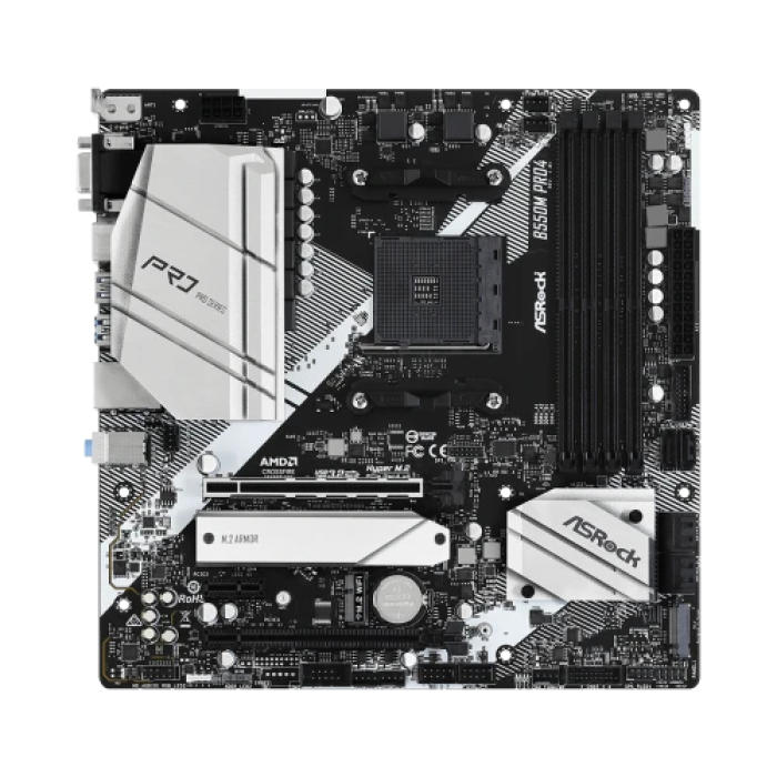 Мат.плата AM4 (B550) ASRock B550M Pro4, B550, 4xDDR4, CrossFire, Int.Video(CPU), 6xSATA3, 2xM.2, 1xPCI-E 16x 4.0, 1xPCI-E 16x 3.0, 1xPCI-E 1x 3.0, 1xM.2 (Key E), ALC1200, RTL8111H, 7xUSB3.2/6xUSB2.0, VGA/HDMI/DP, MicroATX