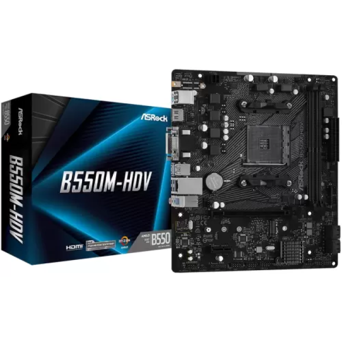 Мат.плата AM4 (B550) ASRock B550M-HDV, B550, 2xDDR4, Int.Video(CPU), 4xSATA3, 1xM.2, 1xPCI-E 16x 4.0, 1xPCI-E 1x 3.0, 1xM.2 (Key E), ALC887, RTL8111H, 6xUSB3.2/6xUSB2.0, VGA/DVI-D/HDMI, MicroATX