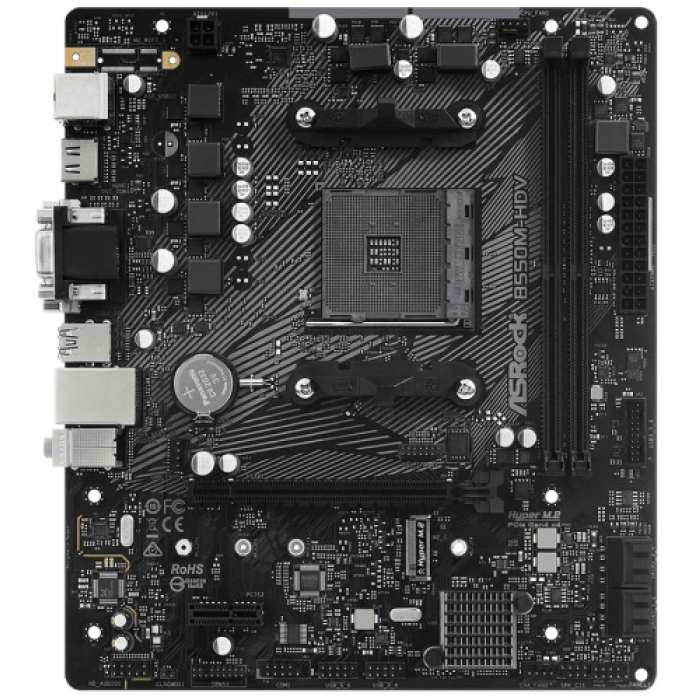 Мат.плата AM4 (B550) ASRock B550M-HDV, B550, 2xDDR4, Int.Video(CPU), 4xSATA3, 1xM.2, 1xPCI-E 16x 4.0, 1xPCI-E 1x 3.0, 1xM.2 (Key E), ALC887, RTL8111H, 6xUSB3.2/6xUSB2.0, VGA/DVI-D/HDMI, MicroATX