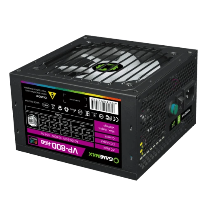 Блок живлення 800 Вт, GameMax VP-800 RGB, Black, 80+ Bronze, Active PFC, 12 см, 3xMolex / 6xSATA / 2x2+6-pin / 1x4+4-pin / 1x20+4-pin, захист OVP / UVP / OCP / OLP / OPP / SCP (VP-800-RGB)