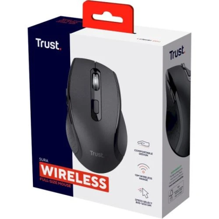 Миша бездротова Trust Sura, Black, оптична, 800 - 1200 dpi, 6 кнопок, гніздо для зберігання приймача USB, 1xAA (25479)