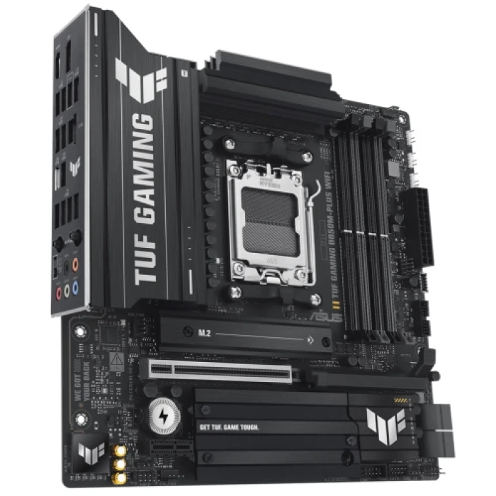 Материнська плата AM5 Asus TUF GAMING B850M-PLUS WIFI, B850, 4xDDR5, Int.Video (CPU), 4xSATA3, 3xM.2, 1xPCI-E 5.0 x16, 1xPCI-E 4.0 x1, ALC1220P, Realtek 2.5Gb, WiFi 6E, Bluetooth 5.3, 10xUSB 3.2 / 6xUSB 2.0, HDMI/DP, MicroATX