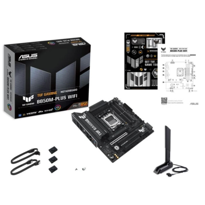 Материнська плата AM5 Asus TUF GAMING B850M-PLUS WIFI, B850, 4xDDR5, Int.Video (CPU), 4xSATA3, 3xM.2, 1xPCI-E 5.0 x16, 1xPCI-E 4.0 x1, ALC1220P, Realtek 2.5Gb, WiFi 6E, Bluetooth 5.3, 10xUSB 3.2 / 6xUSB 2.0, HDMI/DP, MicroATX