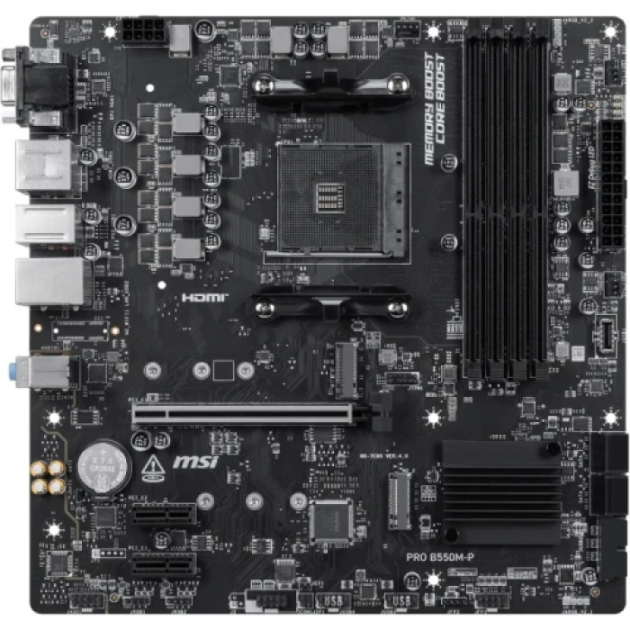 Мат.плата AM4 (B550) MSI PRO B550M-P, B550, 4xDDR4, Int.Video(CPU), 4xSATA3, 2xM.2, 1xPCI-E 16x 4.0, 2xPCI-E 1x 3.0, ALC897, RTL8111H, 6xUSB3.2/6xUSB2.0/1xUSB-C3.2, VGA/DVI-D/HDMI, MicroATX