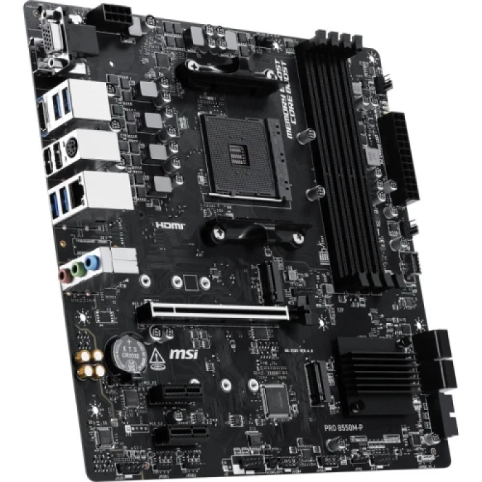 Мат.плата AM4 (B550) MSI PRO B550M-P, B550, 4xDDR4, Int.Video(CPU), 4xSATA3, 2xM.2, 1xPCI-E 16x 4.0, 2xPCI-E 1x 3.0, ALC897, RTL8111H, 6xUSB3.2/6xUSB2.0/1xUSB-C3.2, VGA/DVI-D/HDMI, MicroATX