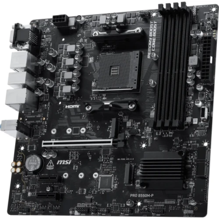 Мат.плата AM4 (B550) MSI PRO B550M-P, B550, 4xDDR4, Int.Video(CPU), 4xSATA3, 2xM.2, 1xPCI-E 16x 4.0, 2xPCI-E 1x 3.0, ALC897, RTL8111H, 6xUSB3.2/6xUSB2.0/1xUSB-C3.2, VGA/DVI-D/HDMI, MicroATX