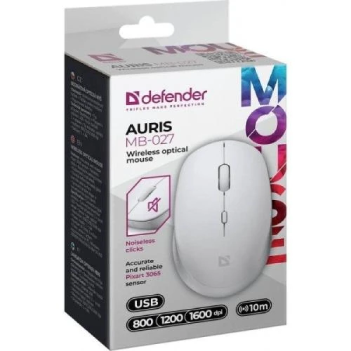 Миша бездротова Defender Auris MB-027, White, USB, оптична (сенсор PixArt 3065), 800-1600 dpi, 3 кнопки, 1xAA (52028)