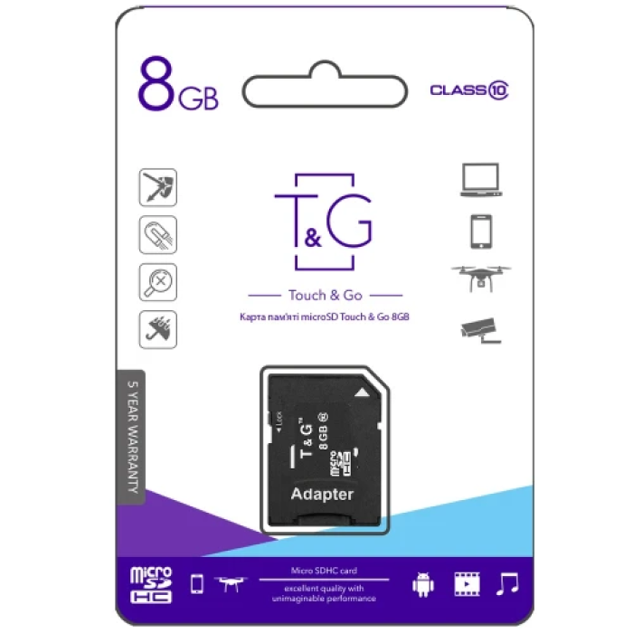 Карта пам'яті microSDHC, 8Gb, T&G, Class10, SD адаптер (TG-8GBSDCL10-01)