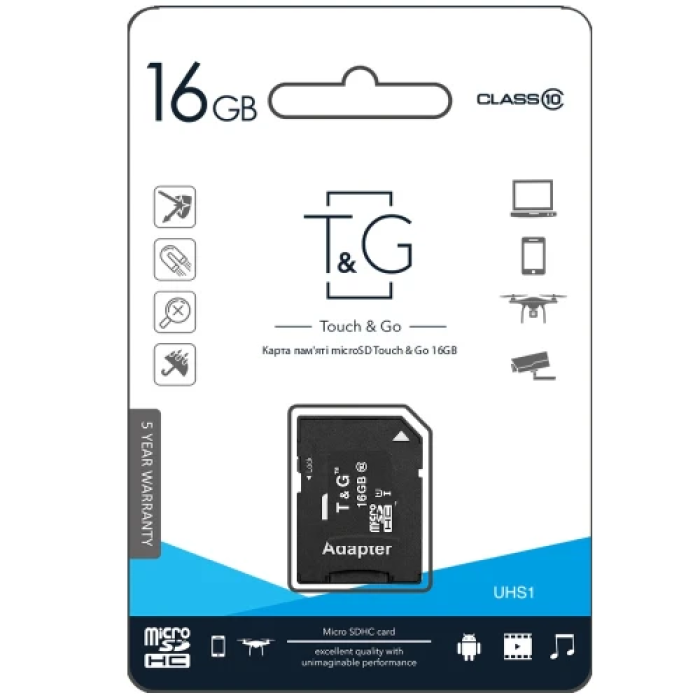 Карта пам'яті microSDHC, 16Gb, T&G, Class10 UHS-I U1, SD адаптер (TG-16GBSD10U1-01)