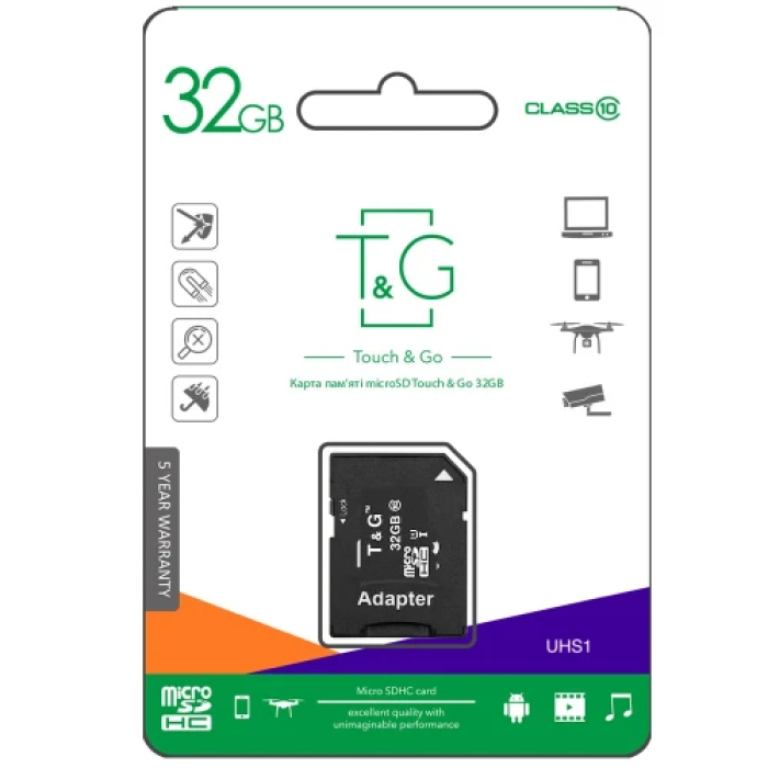 Карта пам'яті microSDHC, 32Gb, T&G, Class10 UHS-I U1, SD адаптер (TG-32GBSD10U1-01)