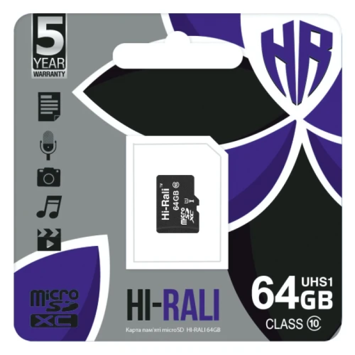 Карта пам'яті microSDXC, 64Gb, Hi-Rali, Class10 UHS-I U1, без адаптера (HI-64GBSDCL10-00)