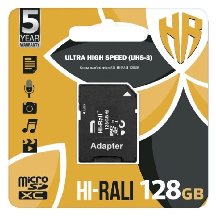 Карта пам'яті microSDXC, 128Gb, Hi-Rali, Class10 UHS-I U3, SD адаптер (HI-128GBSD10U3-01)