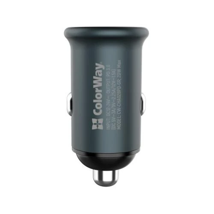 Автомобільний зарядний пристрій ColorWay, Black, 1xUSB-C, PD, QC3.0, 3A (CW-CHA028PD-GR)