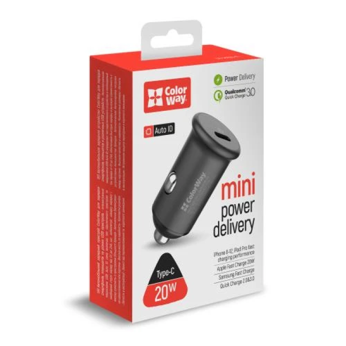 Автомобільний зарядний пристрій ColorWay, Black, 1xUSB-C, PD, QC3.0, 3A (CW-CHA028PD-GR)