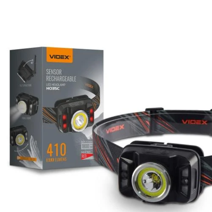 Ліхтар налобний Videx H035C, Black, 410 лм, 5000K, до 86 м, 7 режимів роботи, світлодіод CREE XTE 5W + COB, акумулятор (1800 mAh, незнімний), IP65, 118 г (VLF-H035C)