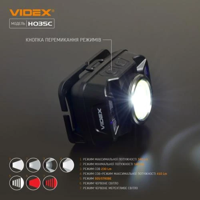 Ліхтар налобний Videx H035C, Black, 410 лм, 5000K, до 86 м, 7 режимів роботи, світлодіод CREE XTE 5W + COB, акумулятор (1800 mAh, незнімний), IP65, 118 г (VLF-H035C)