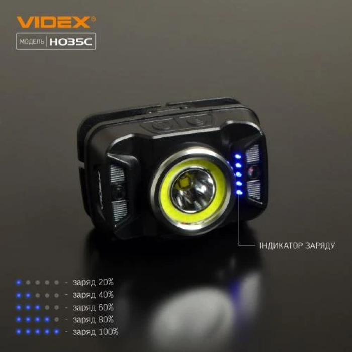 Ліхтар налобний Videx H035C, Black, 410 лм, 5000K, до 86 м, 7 режимів роботи, світлодіод CREE XTE 5W + COB, акумулятор (1800 mAh, незнімний), IP65, 118 г (VLF-H035C)