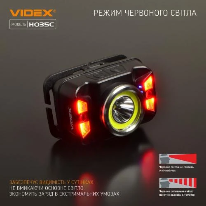 Ліхтар налобний Videx H035C, Black, 410 лм, 5000K, до 86 м, 7 режимів роботи, світлодіод CREE XTE 5W + COB, акумулятор (1800 mAh, незнімний), IP65, 118 г (VLF-H035C)