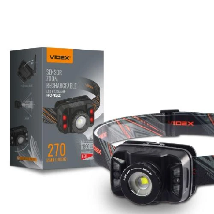 Ліхтар налобний Videx H045Z, Black, 270 Лм, 5000K, до 53 м, 5 режимів роботи, світлодіод CREE XTE 5W, акумулятор (1800 mAh, незнімний), IP65, 120 г (VLF-H045Z)
