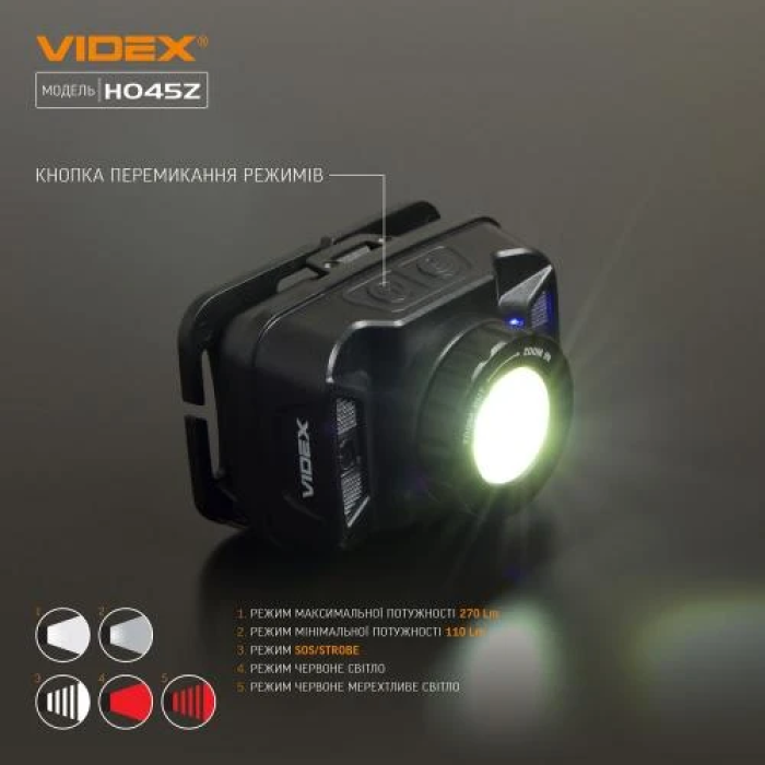 Ліхтар налобний Videx H045Z, Black, 270 Лм, 5000K, до 53 м, 5 режимів роботи, світлодіод CREE XTE 5W, акумулятор (1800 mAh, незнімний), IP65, 120 г (VLF-H045Z)