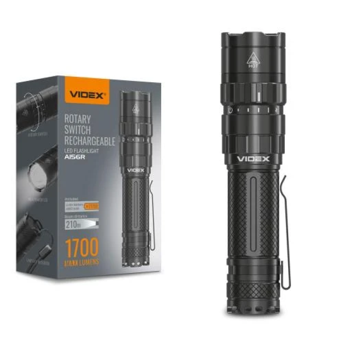 Ліхтар ручний Videx A156R, Black, 1700 лм, 6500K, до 210 м, 5 режимів роботи, лінзи із загартованого скла, світлодіод Luminus SST40, 20W, акумулятор (21700, 4000 mAh, знімний), IP68, 81 г (VLF-A156R)