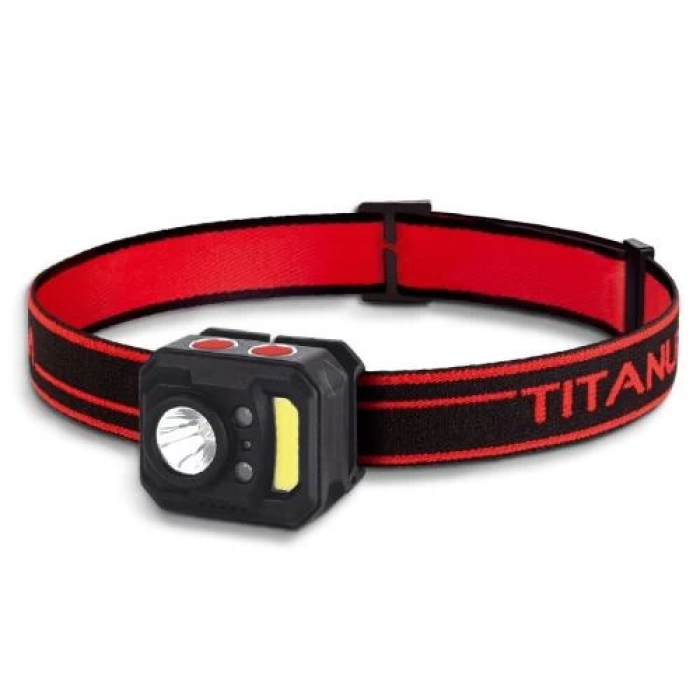 Ліхтар налобний Titanum H05, Black/Red, 250 Лм, до 110 м, світлодіод XPE + COB, вбудований акумулятор Li-pol 850 mAh, Type-C, IP44 (TLF-H05)