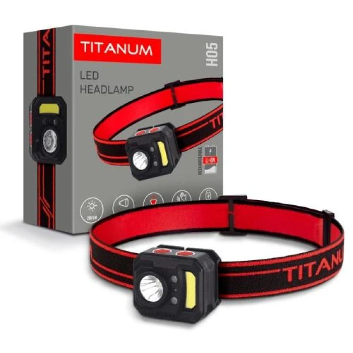 Ліхтар налобний Titanum H05, Black/Red, 250 Лм, до 110 м, світлодіод XPE + COB, вбудований акумулятор Li-pol 850 mAh, Type-C, IP44 (TLF-H05)