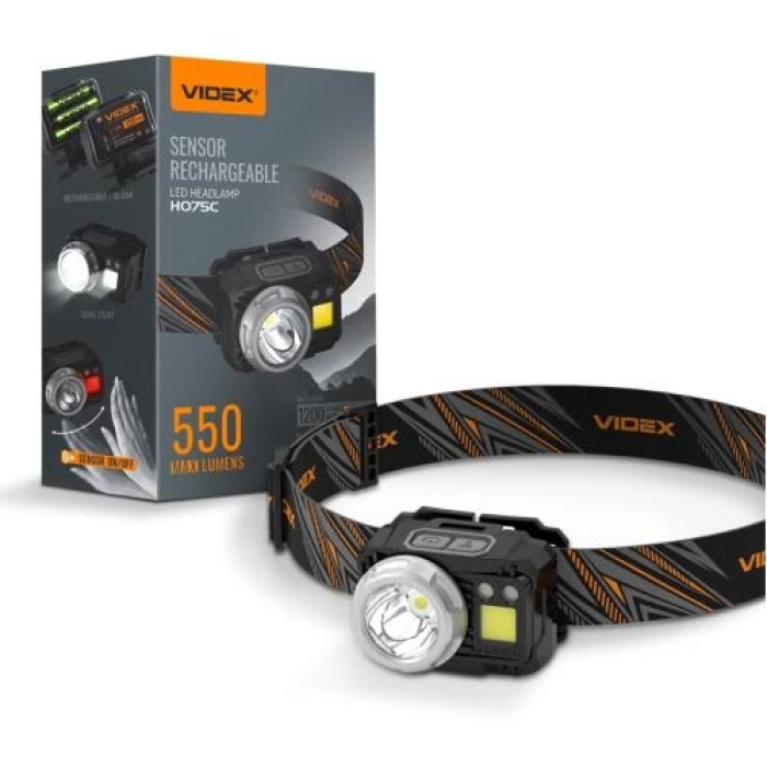 Ліхтар налобний Videx H075C, Black, 550 Лм, 5000K, до 130 м, 7 режимів роботи, світлодіод CREE XPG3 (5 Вт) + COB (5 Вт), акумулятор Li-ion VLF-B12 1200 mAh або 3xAAA, Type-C, IP65 (VLF-H075C)